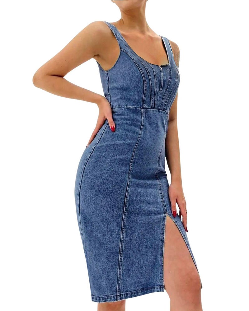 utcoco Denim Dress for Women Sleeveless Side Slit Bodycon Midi Jean Dresses for Women 2026 (Small, Dark Blue) - Image 1