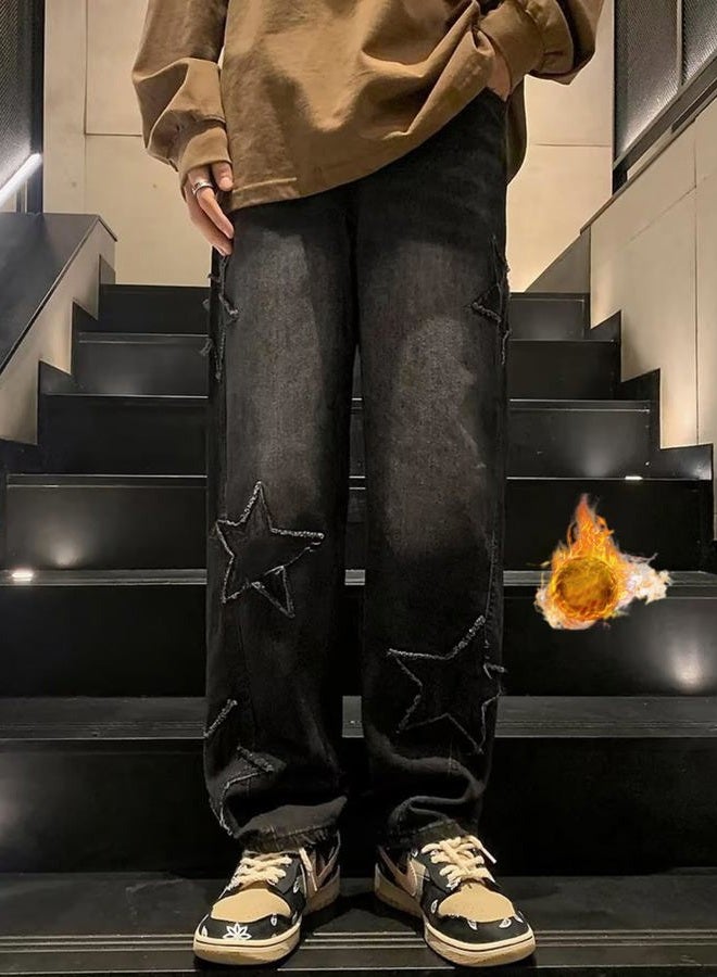 HBER Mens Y2k Star Jeans High Waisted Hip Hop Streetwear Jeans Loose Baggy Embroidery Aesthetic Harajuku Denim Pants, Black-fleece, M - Image 3