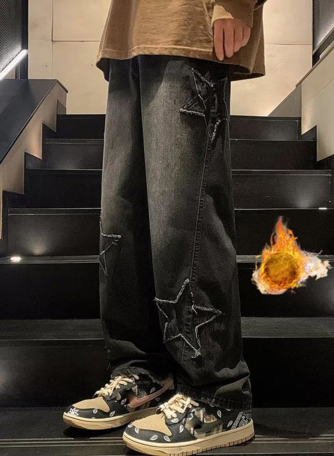 HBER Mens Y2k Star Jeans High Waisted Hip Hop Streetwear Jeans Loose Baggy Embroidery Aesthetic Harajuku Denim Pants, Black-fleece, M - Image 4
