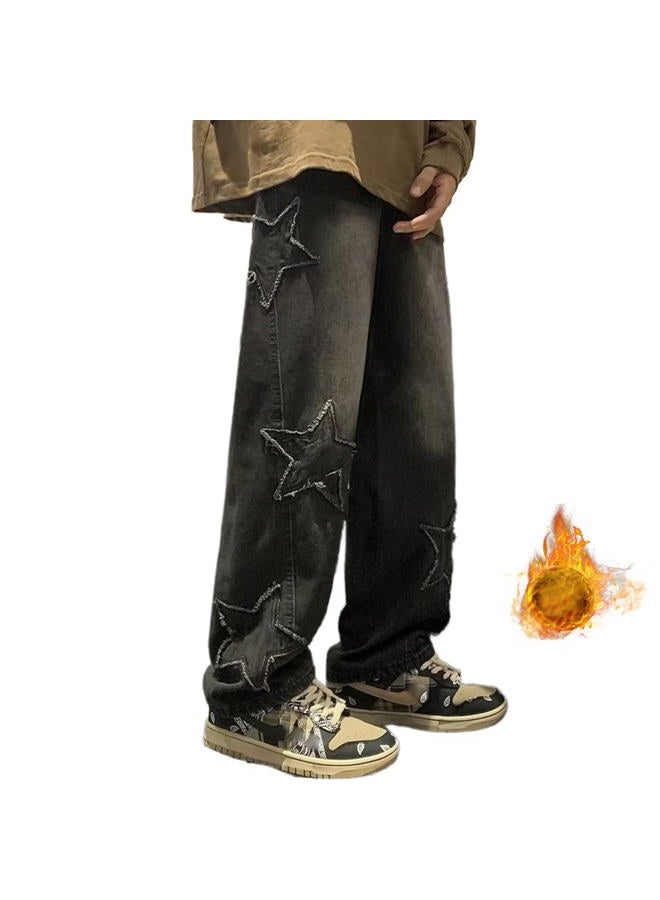 HBER Mens Y2k Star Jeans High Waisted Hip Hop Streetwear Jeans Loose Baggy Embroidery Aesthetic Harajuku Denim Pants, Black-fleece, M - Image 1