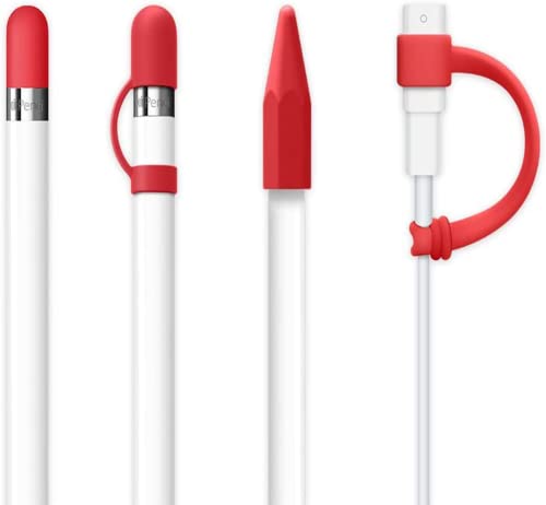 siduater [4-Pack] Silicone Protective Accessories for Apple Pencil 1st Generation, Includes 1 Apple Pencil Cap Replacements, Cap Holder, Tip Cover, Adapter Tether - Red - Image 1
