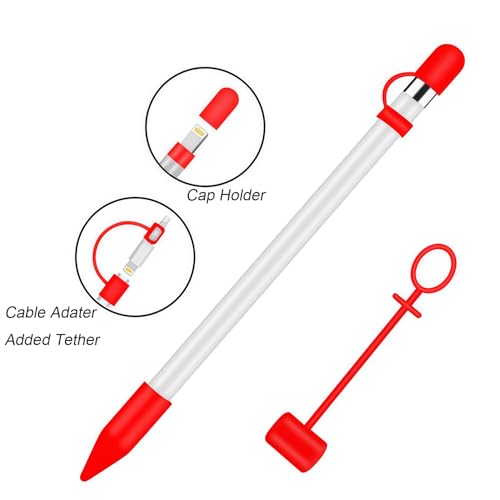 siduater [4-Pack] Silicone Protective Accessories for Apple Pencil 1st Generation, Includes 1 Apple Pencil Cap Replacements, Cap Holder, Tip Cover, Adapter Tether - Red - Image 5