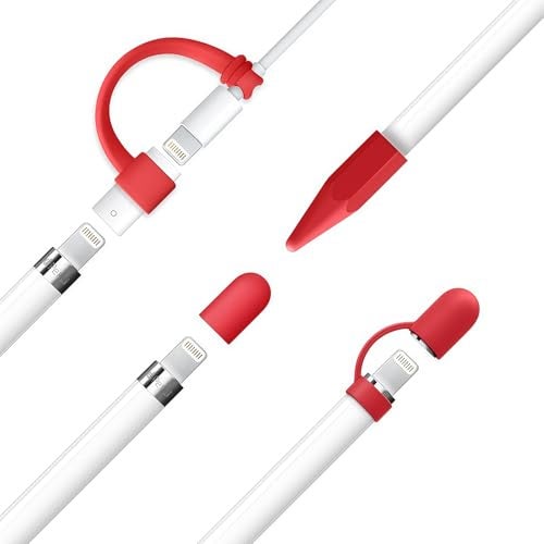 siduater [4-Pack] Silicone Protective Accessories for Apple Pencil 1st Generation, Includes 1 Apple Pencil Cap Replacements, Cap Holder, Tip Cover, Adapter Tether - Red - Image 3
