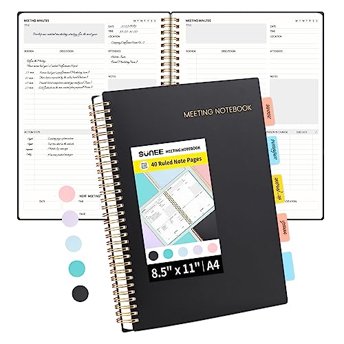 SUNEE Meeting Notebook for Work with Sticky Tabs - 160 Pages, A4 Size Project Planner, Spiral Meeting Agenda/Minutes Notebook Organizer for Women Men, Note Taking, Office & Business, 8.5"x11", Black - Image 1