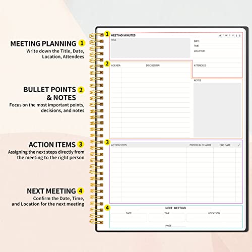 SUNEE Meeting Notebook for Work with Sticky Tabs - 160 Pages, A4 Size Project Planner, Spiral Meeting Agenda/Minutes Notebook Organizer for Women Men, Note Taking, Office & Business, 8.5"x11", Black - Image 2