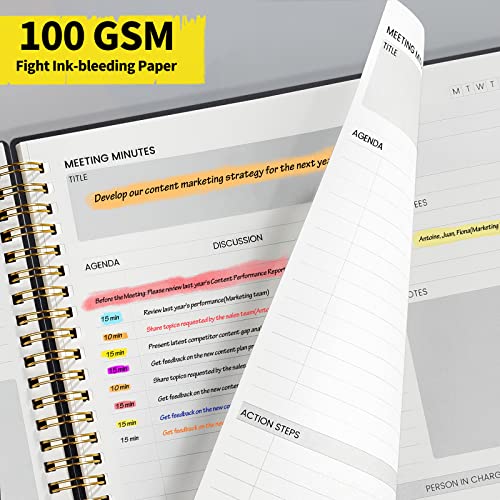 SUNEE Meeting Notebook for Work with Sticky Tabs - 160 Pages, A4 Size Project Planner, Spiral Meeting Agenda/Minutes Notebook Organizer for Women Men, Note Taking, Office & Business, 8.5"x11", Black - Image 5