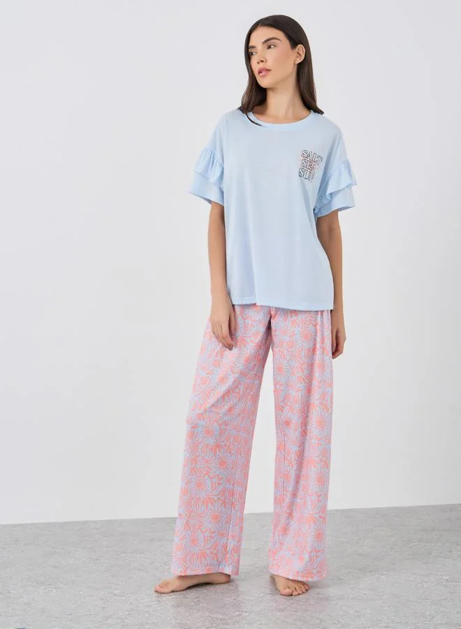 ستايلي Styli Slogan Print Short Sleeve T-Shirt and Pyjama Set