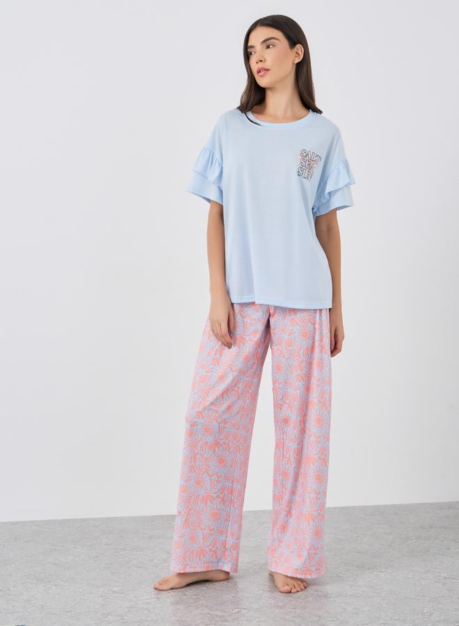 Styli Slogan Print Short Sleeve T-Shirt and Pyjama Set - Image 1