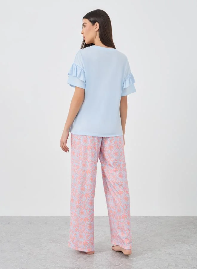 Styli Styli Slogan Print Short Sleeve T-Shirt and Pyjama Set