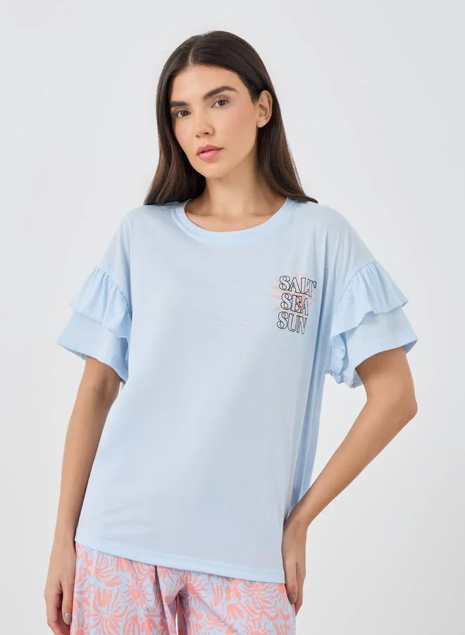 ستايلي Styli Slogan Print Short Sleeve T-Shirt and Pyjama Set
