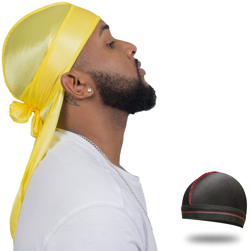 ForceWave Silky Durag for Men Wave Cap Satin Dorag for Men Women 360 Wave Yellow - Image 1