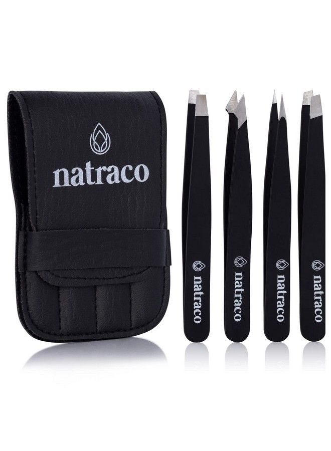 natraco Professional Stainless Steel Tweezer Set Slanted & Pointed Precision Tweezers For Eyebrows Facial Hair Splinters Ingrown Hair Skin Tags Blackhead & Tick Remover 4 Pack Black - Image 1