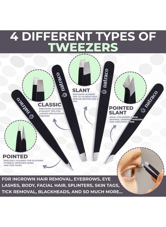 natraco Professional Stainless Steel Tweezer Set Slanted & Pointed Precision Tweezers For Eyebrows Facial Hair Splinters Ingrown Hair Skin Tags Blackhead & Tick Remover 4 Pack Black - Image 3