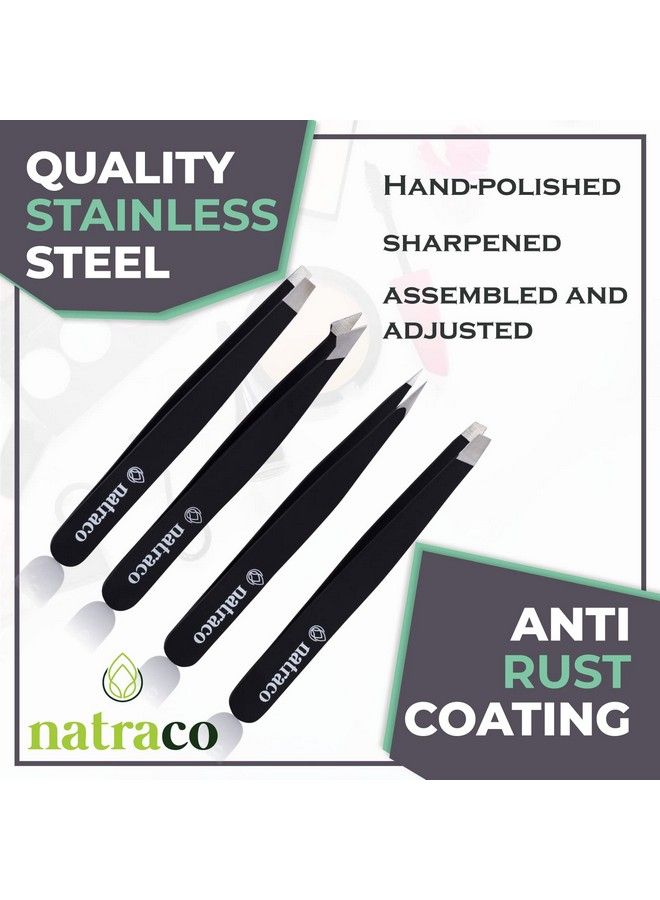 natraco Professional Stainless Steel Tweezer Set Slanted & Pointed Precision Tweezers For Eyebrows Facial Hair Splinters Ingrown Hair Skin Tags Blackhead & Tick Remover 4 Pack Black - Image 5
