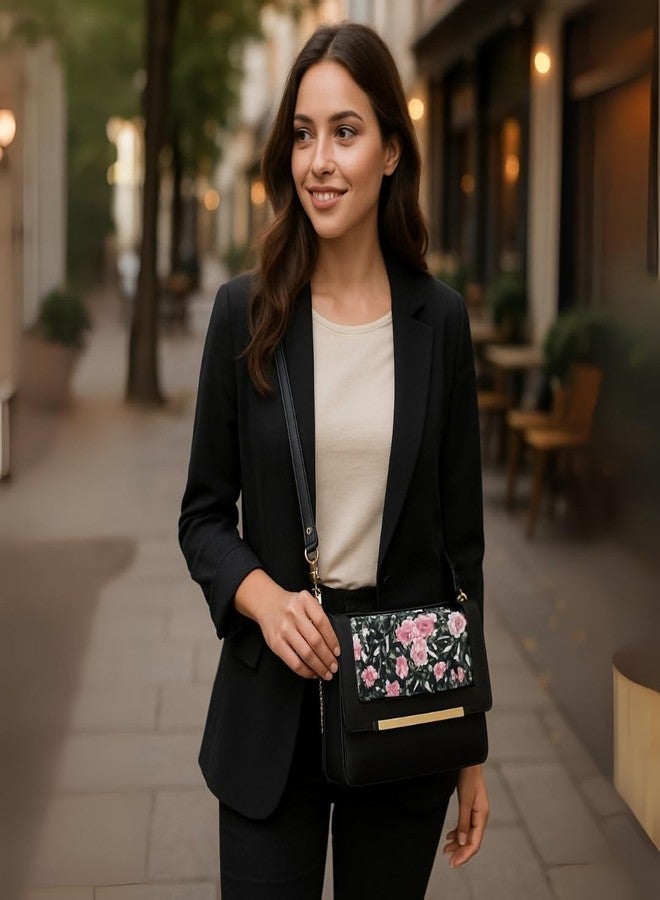TYPIFY® Women’s Black Floral Sling Bag - Stylish PU Leather Crossbody Purse with Chain Strap | Water-Resistant, Magnetic Closure, Multi-Pocket Design for Daily, Office & Travel - Image 4