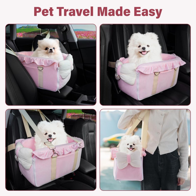Jaoul Dog Car Seat for Small Dogs - Fully Detachable with Adjustable Straps Center Console Dog Booster Seat - Comfortable Bow Design Pet Car Seats - Portable Pet Booster Seat for Puppy, Cat (Pink) - Image 5