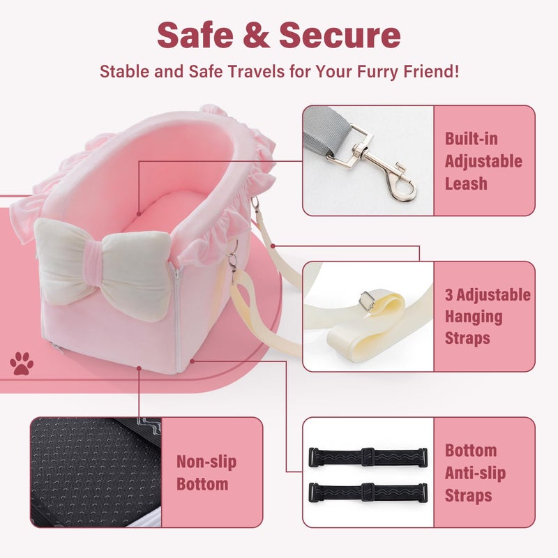 Jaoul Dog Car Seat for Small Dogs - Fully Detachable with Adjustable Straps Center Console Dog Booster Seat - Comfortable Bow Design Pet Car Seats - Portable Pet Booster Seat for Puppy, Cat (Pink) - Image 2