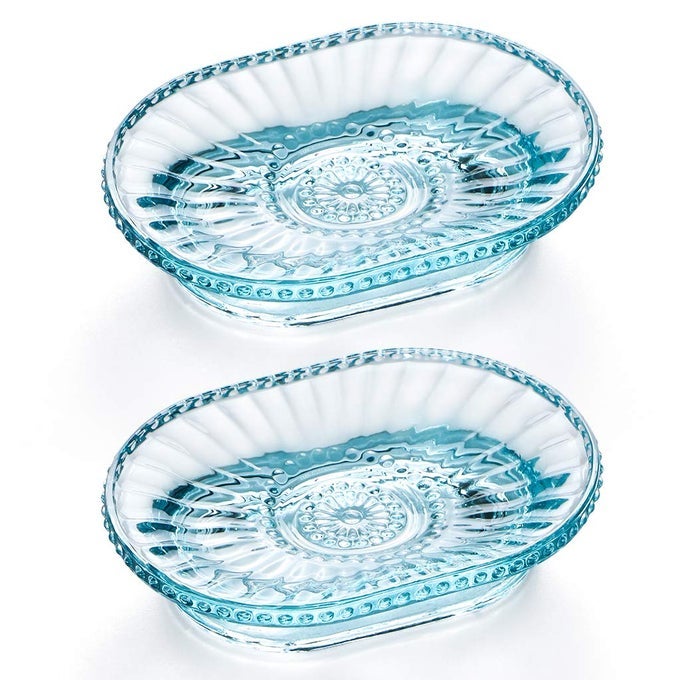GLASS SOAP DISH EMBOSSED BAR SOAP HOLDER DECORATIVE SOAP SAVER TRAY VINTAGE BAR SOAP DISH FOR SHOWER BATHTUB BATHROOM SINK KITCHEN SINK PACK OF 2 BLUE