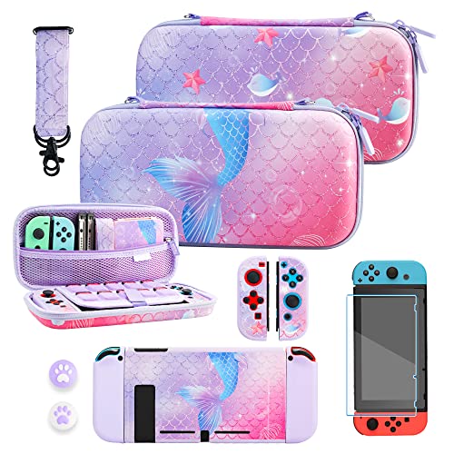 RHOTALL Purple and Pink fish Hard Carrying for Nintendo Switch Cute Protective Portable Travel Storage Case for Switch Accessories Screen Protector Adjustable Shoulder Strap and 2 Thumb Caps - Image 1