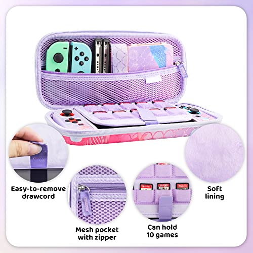 RHOTALL Purple and Pink fish Hard Carrying for Nintendo Switch Cute Protective Portable Travel Storage Case for Switch Accessories Screen Protector Adjustable Shoulder Strap and 2 Thumb Caps - Image 3