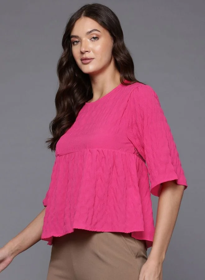 Women Relaxed Fit Textured Crew Neck Short Sleeve Regular Top