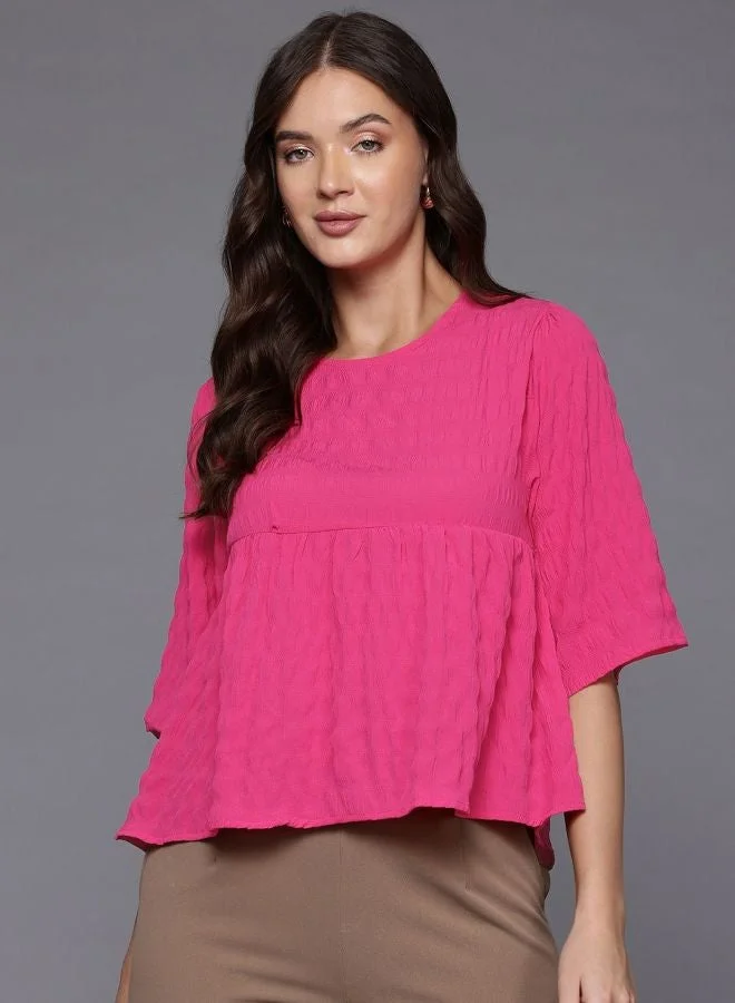 Freehand  Women Relaxed Fit Textured Crew Neck Short Sleeve Regular Top  | Best Price UAE