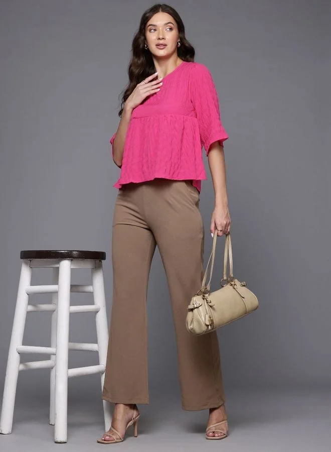 Freehand  Women Relaxed Fit Textured Crew Neck Short Sleeve Regular Top  | Best Price UAE