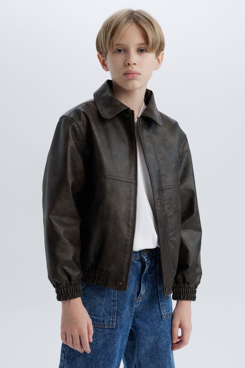 DeFacto Boy Polo Collar Water Repellent Faux Leather Jacket  - Image 4
