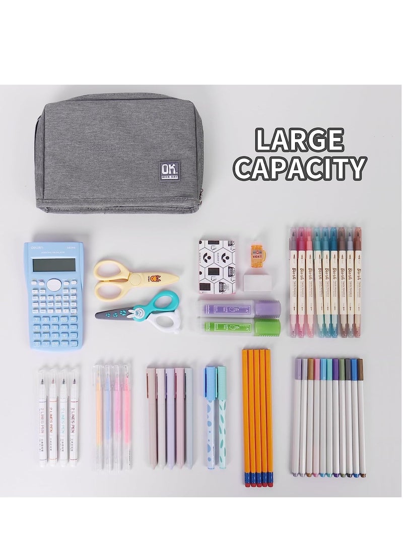 Standing Pencil Case Big Capacity Pencil Pouch Large Stationery Organizer Bag Canvas Office School Supplies for Primary Middle College Students Girls Boys Grey - Image 3