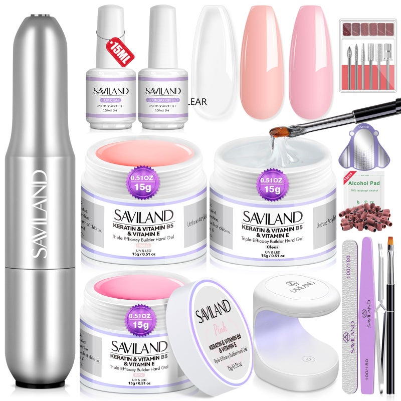 SAVILAND Builder Nail Gel Set with Nail Drill - 3 Pcs Hard Gels(VE&VB5&Kerain) Clear Pink Nudes Builder Nails Gel with Lamp Brush Nails Strengthener Gels for Extension Shaping DIY at Home Salon - Image 1