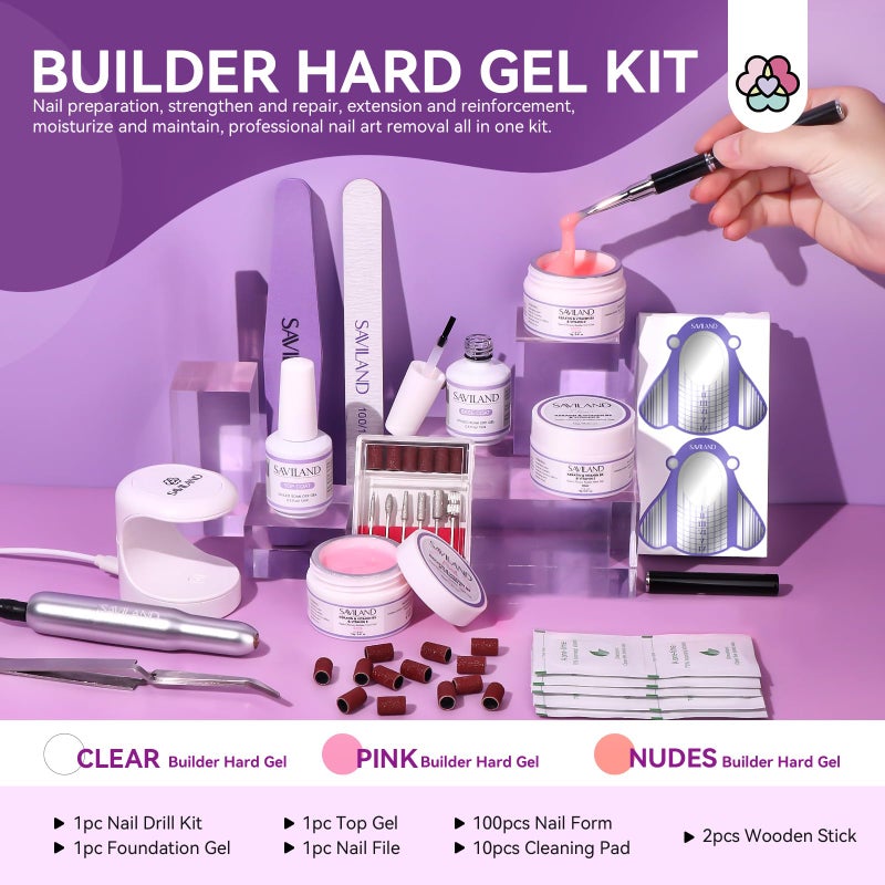 SAVILAND Builder Nail Gel Set with Nail Drill - 3 Pcs Hard Gels(VE&VB5&Kerain) Clear Pink Nudes Builder Nails Gel with Lamp Brush Nails Strengthener Gels for Extension Shaping DIY at Home Salon - Image 2