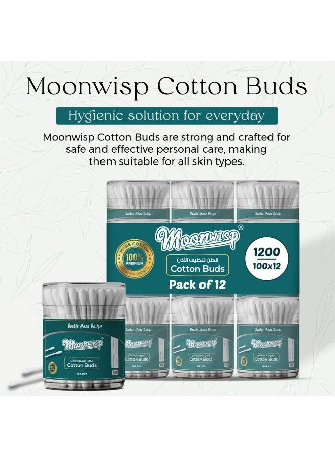 Moonwisp Cotton Buds - 100-Piece Units (Pack of 12) Double-Tipped Ear Cleaner Swabs - 100% Soft Cotton Buds for Ear - Hygienic & Gentle - 1200 PCs - Image 2