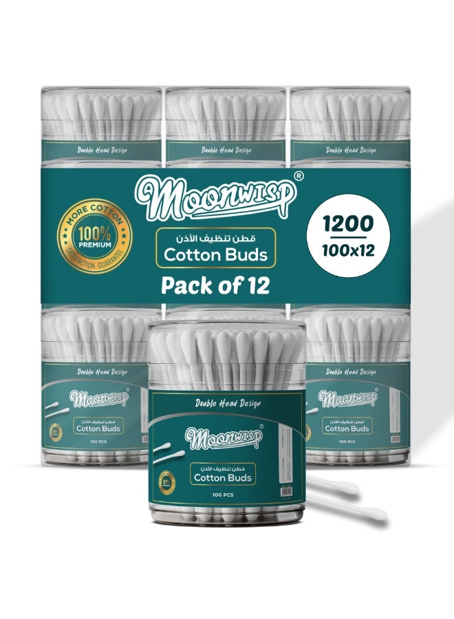 Moonwisp Cotton Buds - 100-Piece Units (Pack of 12) Double-Tipped Ear Cleaner Swabs - 100% Soft Cotton Buds for Ear - Hygienic & Gentle - 1200 PCs - Image 1