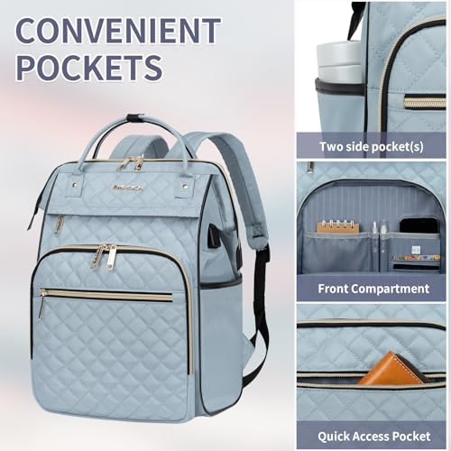 EMPSIGN 17 Inch Laptop Backpack for Women, Work Business Travel Computer College Bags, Large Capacity Water-repellent Quilted Casual Daypack with USB Port, Light Blue - Image 4
