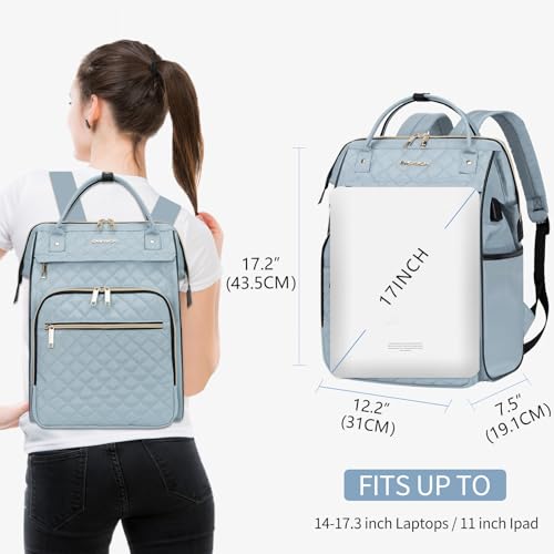EMPSIGN 17 Inch Laptop Backpack for Women, Work Business Travel Computer College Bags, Large Capacity Water-repellent Quilted Casual Daypack with USB Port, Light Blue - Image 2
