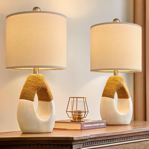 OYEARS Boho Table Lamps Bedroom Living Room Set 2 Small Farmhouse Rattan Table Lamp 19”Rustic Home Decoration Nightstand Bedside Lamp for Office Compatible with Smart Light Bulbs(Not Include Bulbs) - Image 1