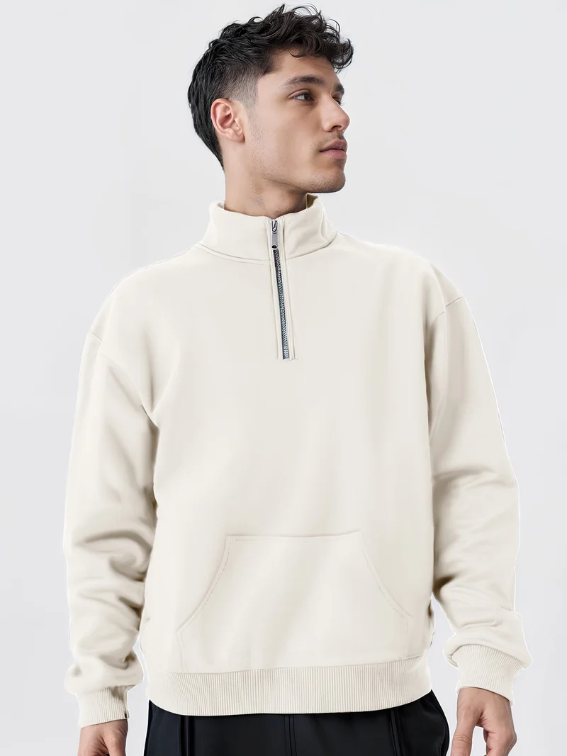 مانياك سويت شيرت رجالي مانياك بياقة عالية وأكمام كاملة، نصف أبيض، قطن فليس