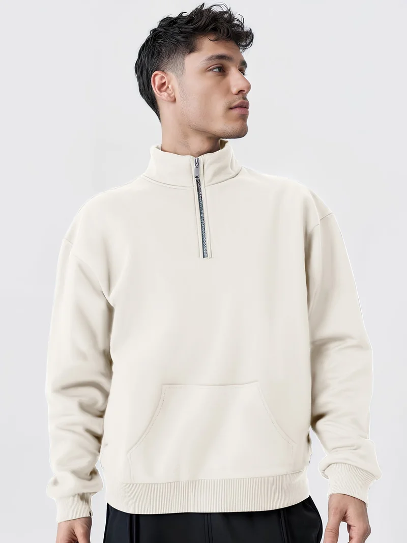 Maniac  Maniac Mens Solid High Neck Full Sleeve Half White Cotton Fleece Sweatshirt for Men | Best Price UAE