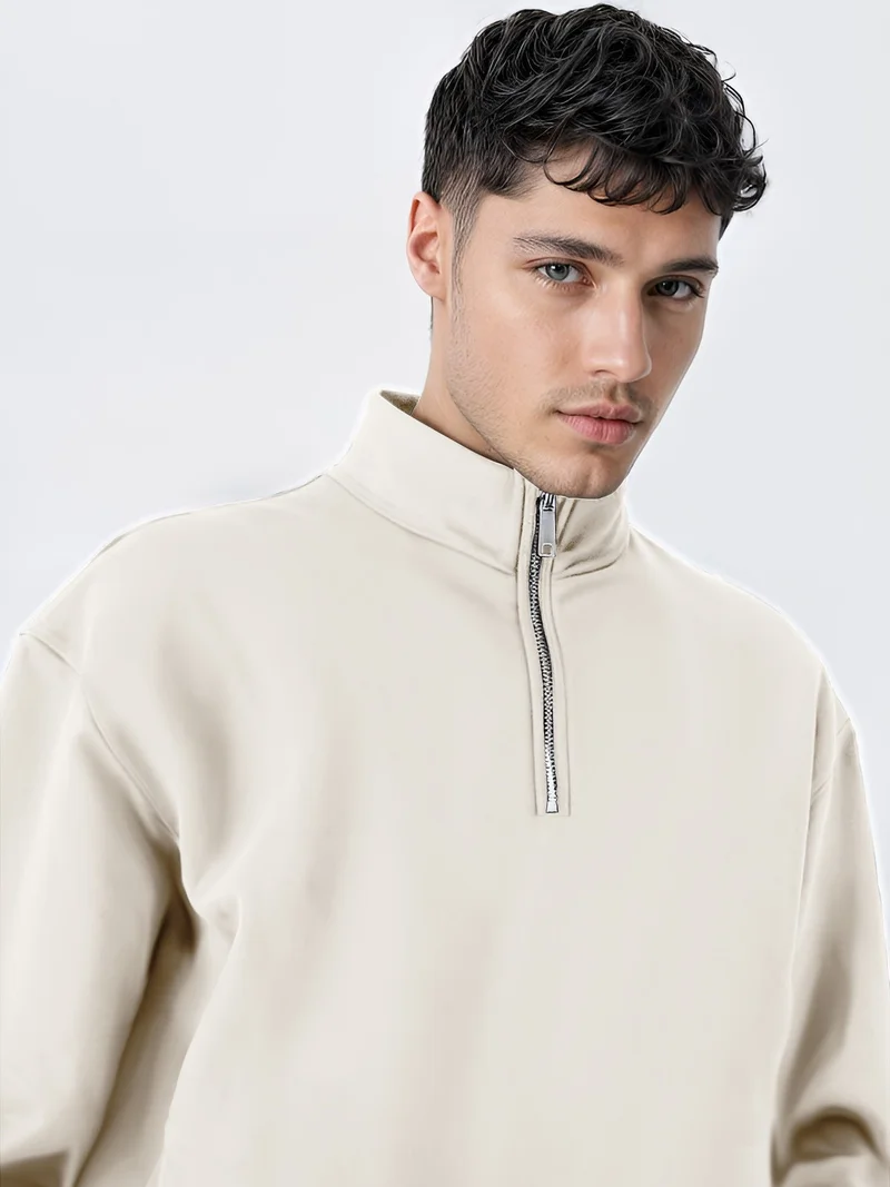 Maniac Mens Solid High Neck Full Sleeve Half White Cotton Fleece Sweatshirt