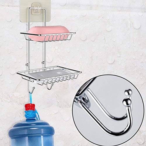 DYRROTH Wall Mounting Double Layer Soap Dish Holder & Dispenser, Self Adhesive Stainless Steel Waterproof Kitchen Bathroom Soap Storage Rack with Hook for Home - Image 5