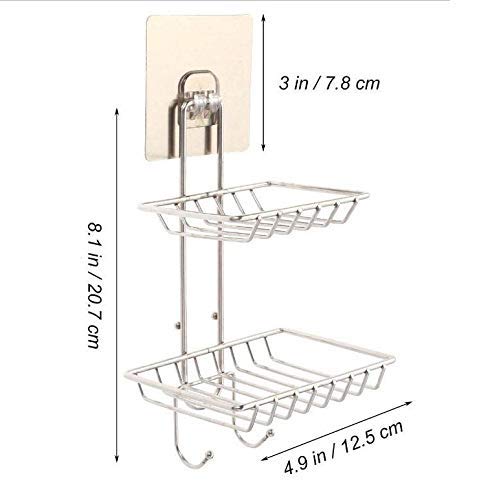 DYRROTH Wall Mounting Double Layer Soap Dish Holder & Dispenser, Self Adhesive Stainless Steel Waterproof Kitchen Bathroom Soap Storage Rack with Hook for Home - Image 3