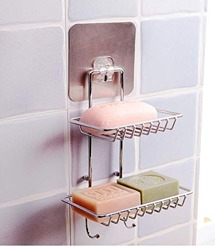 DYRROTH Wall Mounting Double Layer Soap Dish Holder & Dispenser, Self Adhesive Stainless Steel Waterproof Kitchen Bathroom Soap Storage Rack with Hook for Home - Image 2