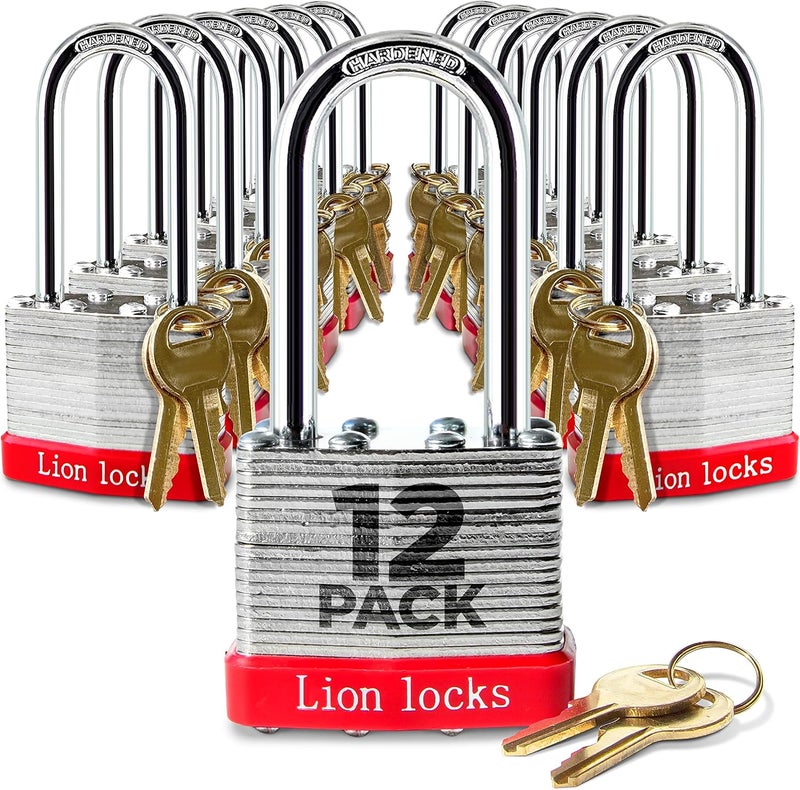 Lion Locks 12 Keyed Alike Padlocks with 2" Long Shackle, 24 Keys - Padlocks for Outdoor Use, Locks with Keys, Hardened Steel Case, Pick Resistant Brass Pin Cylinder for Hasp Latch, Locker, Gate - Image 1