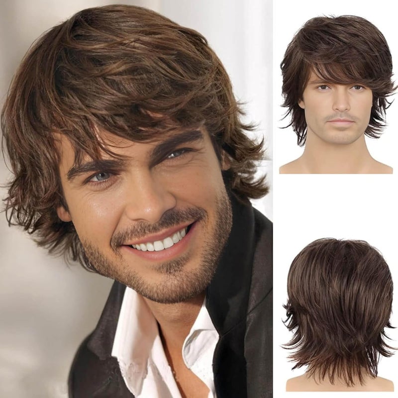 Creamily Mens Wig Short Hair Mens Short Brown Wolf Cut Wigs Mullet Wig Synthetic Hair Replacement Wigs Fluffy Layered Natural Hair Wig Halloween Costume Cosplay Wig for Men