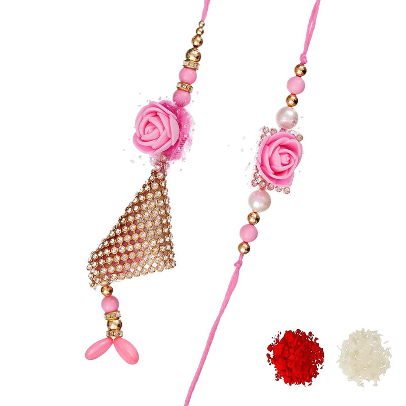 iinfinize Fancy Floral Design Rakhi Lumba Ethnic Set Cotton Thread Rose Designer Rakhi Pearl Beadwork Hand Crafted Raksha Bandhan Delight With Roli Chawal - Image 1