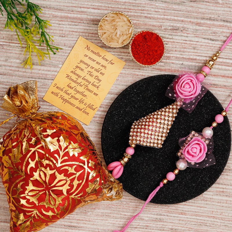 iinfinize Fancy Floral Design Rakhi Lumba Ethnic Set Cotton Thread Rose Designer Rakhi Pearl Beadwork Hand Crafted Raksha Bandhan Delight With Roli Chawal - Image 2