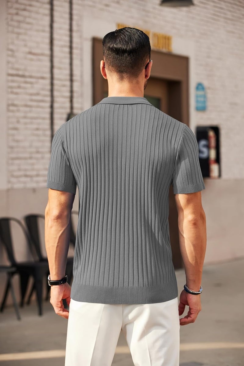 COOFANDY Men's Zipper Polo Shirt - Short Sleeve Ribbed Knit Casual Golf T-Shirt - Image 4