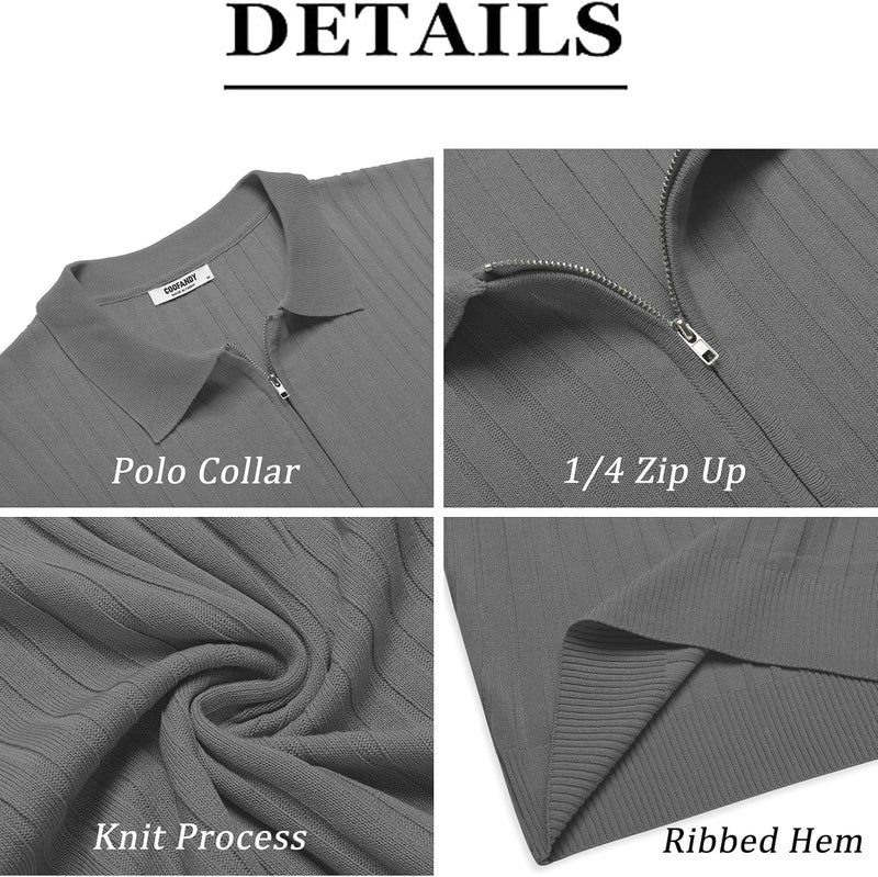 COOFANDY Men's Zipper Polo Shirt - Short Sleeve Ribbed Knit Casual Golf T-Shirt - Image 5