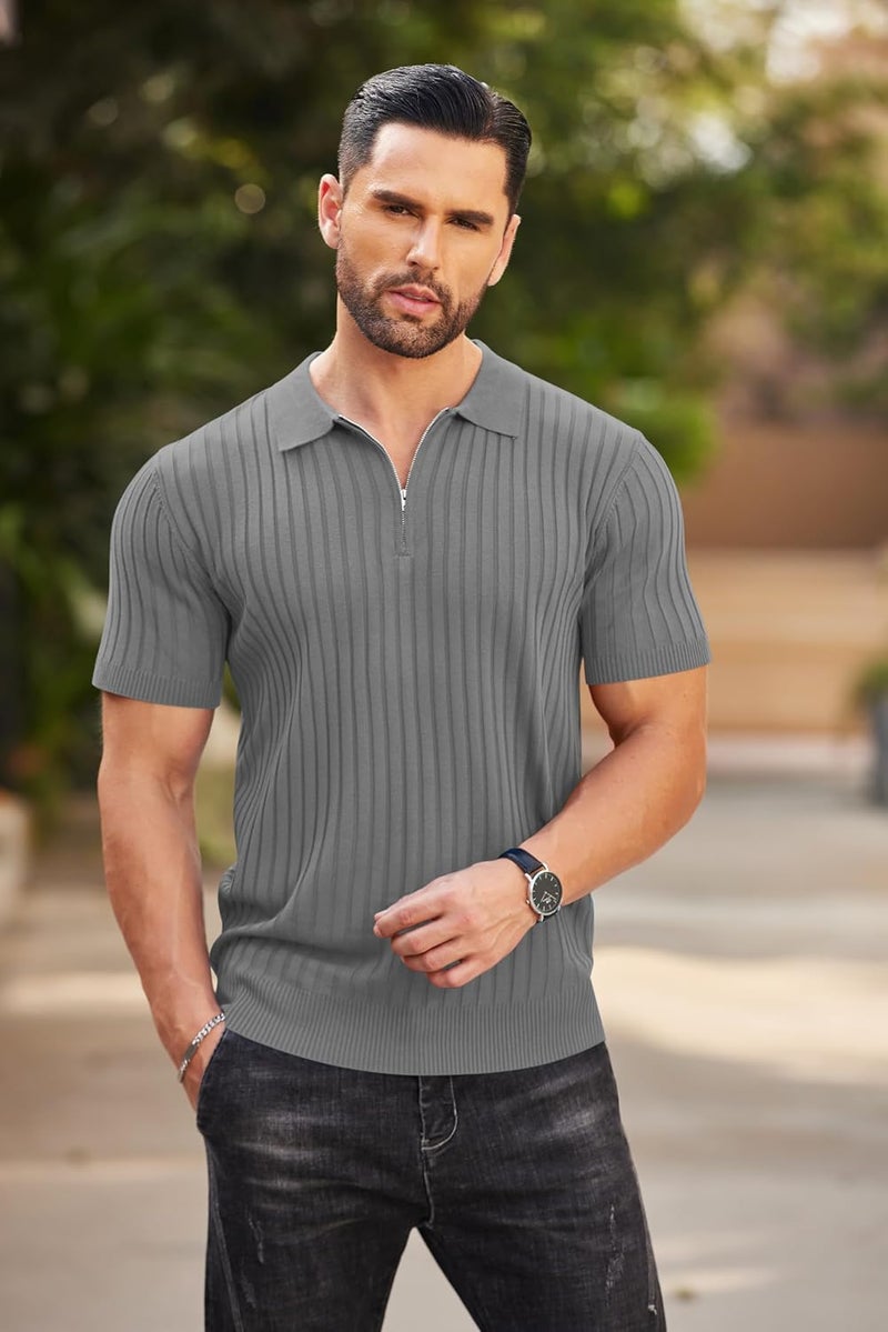 COOFANDY Men's Zipper Polo Shirt - Short Sleeve Ribbed Knit Casual Golf T-Shirt - Image 3