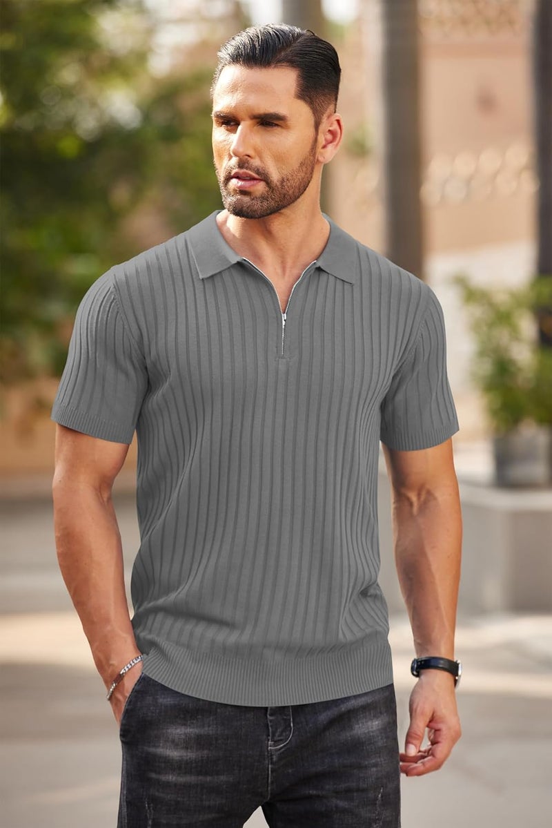 COOFANDY Men's Zipper Polo Shirt - Short Sleeve Ribbed Knit Casual Golf T-Shirt - Image 2